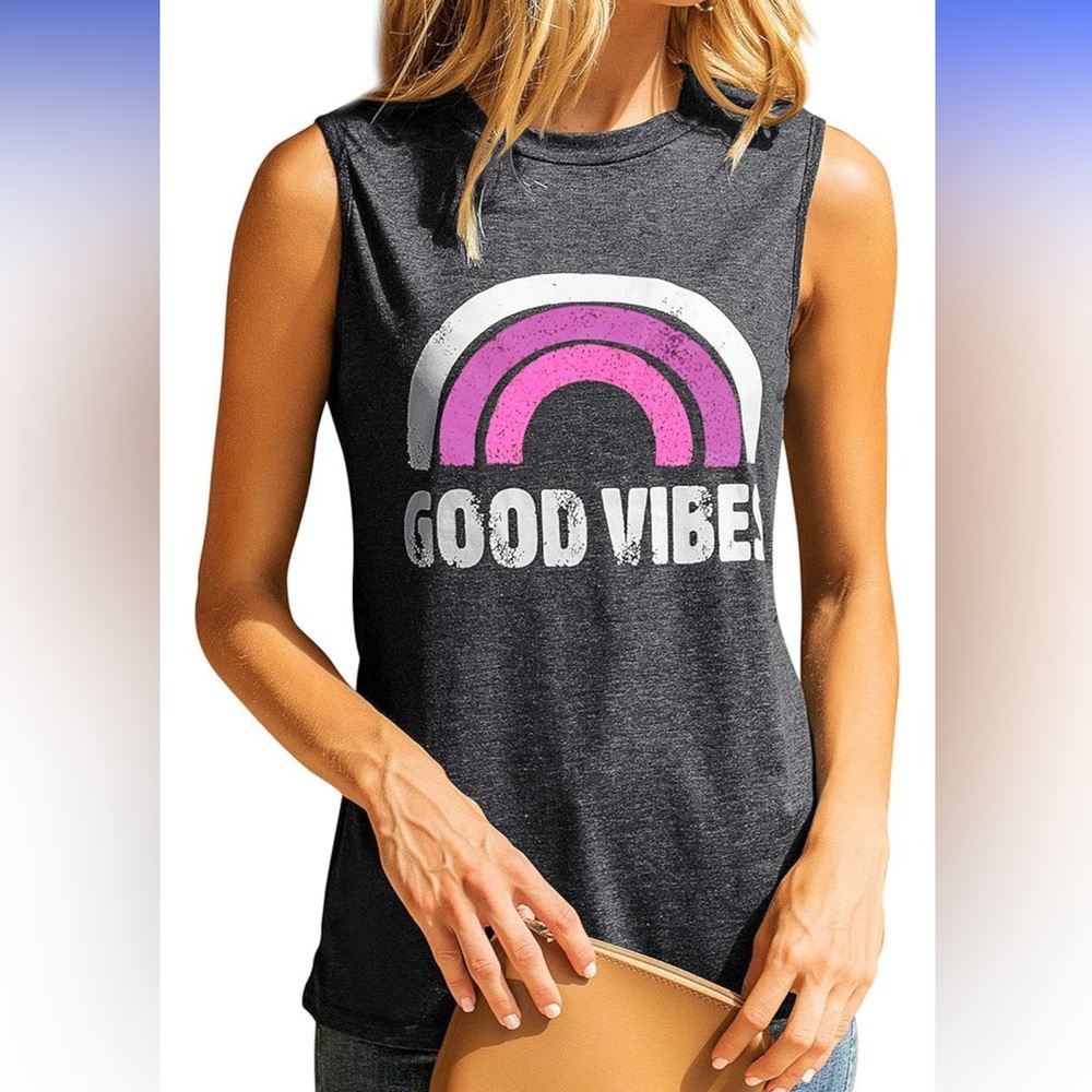 New Gray Sleeveless shirt with 'Good Vibes' Print new size medium
